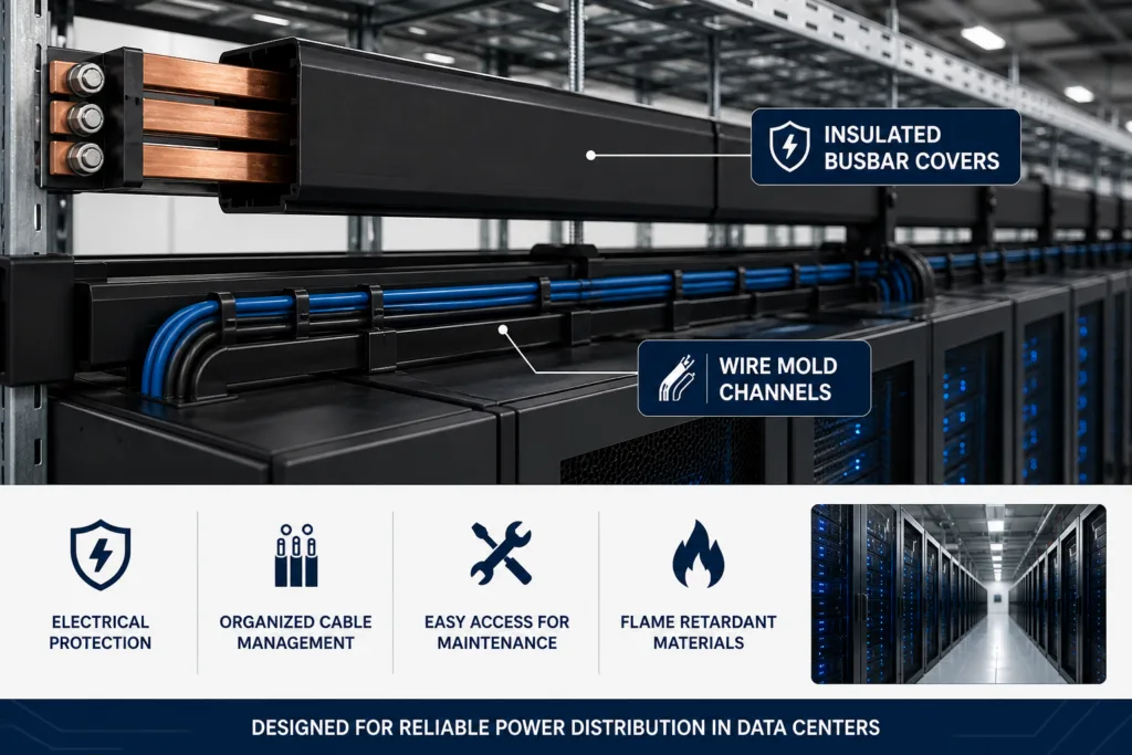 Plastic extrusion components used in data center infrastructure, including insulated busbar covers and wire mold channels for organized electrical distribution systems