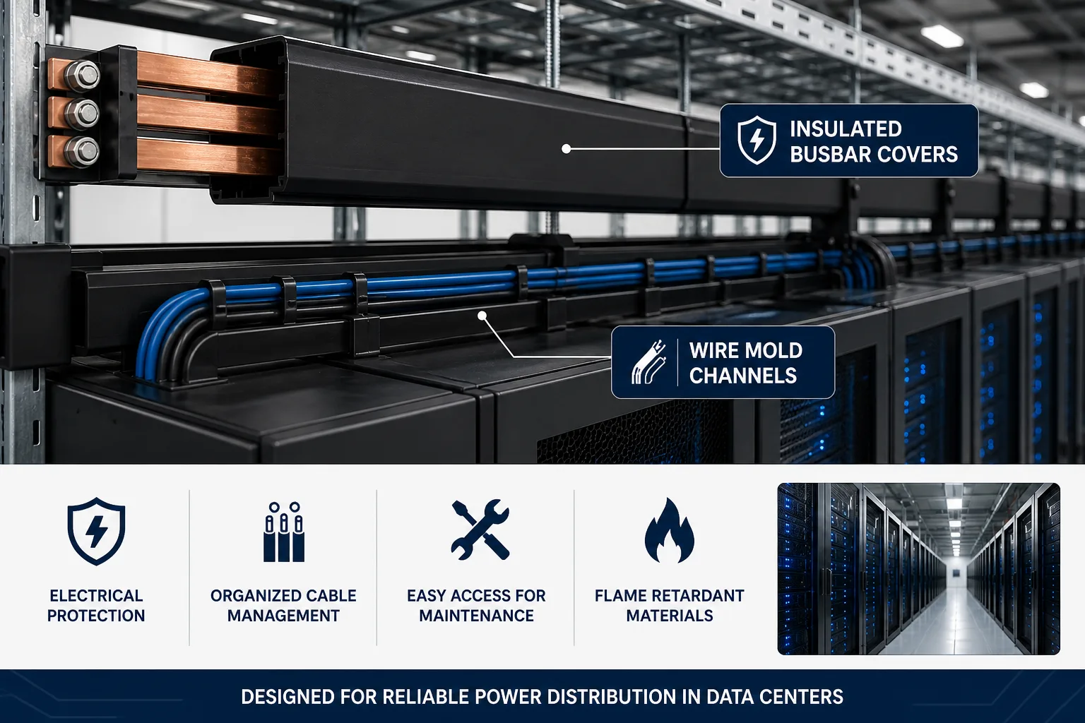 Plastic extrusion components used in data center infrastructure, including insulated busbar covers and wire mold channels for organized electrical distribution systems