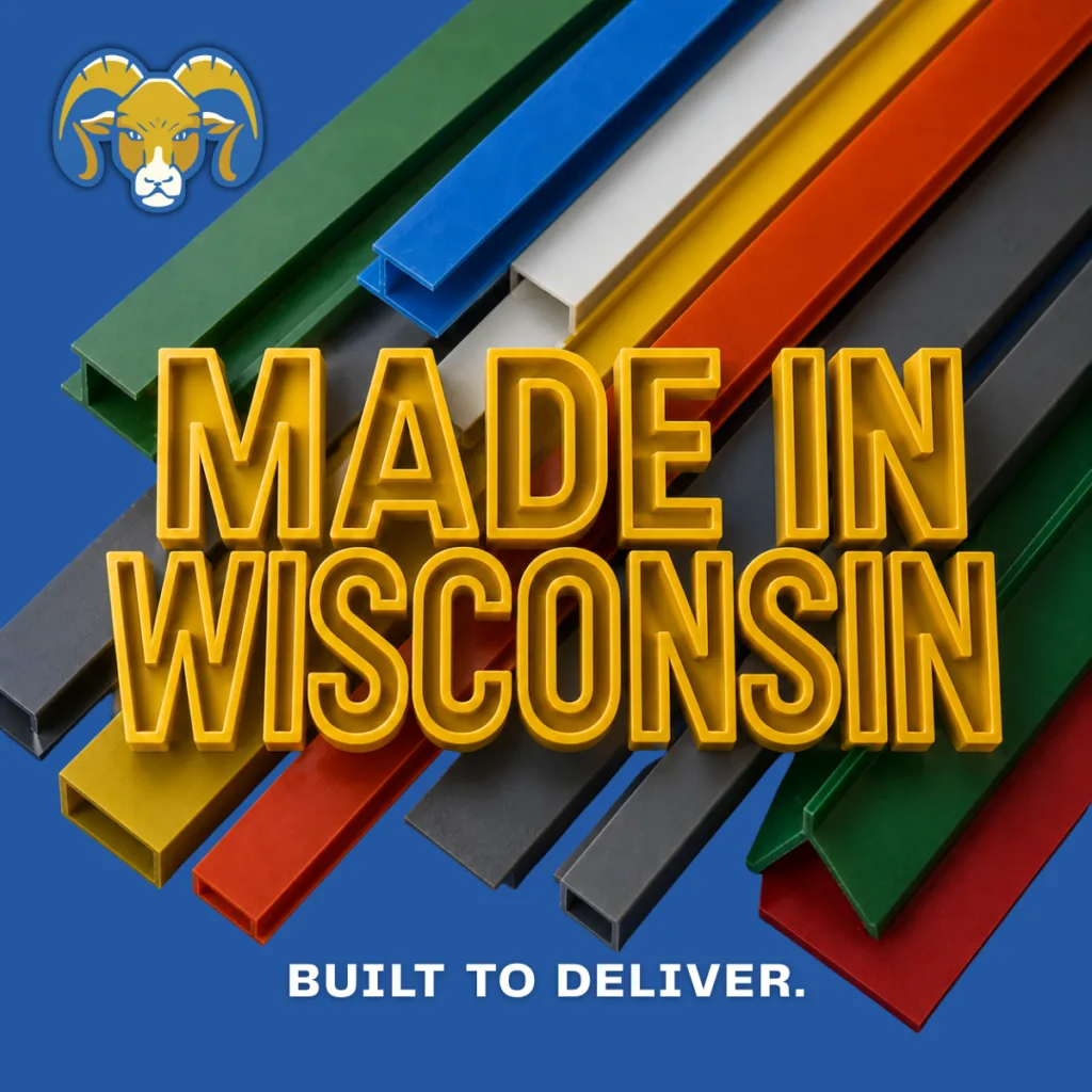 Blue background with colorful metal rails and large gold 3D text reading 'MADE IN WISCONSIN'; ram mascot in top-left and 'BUILT TO DELIVER' at bottom.